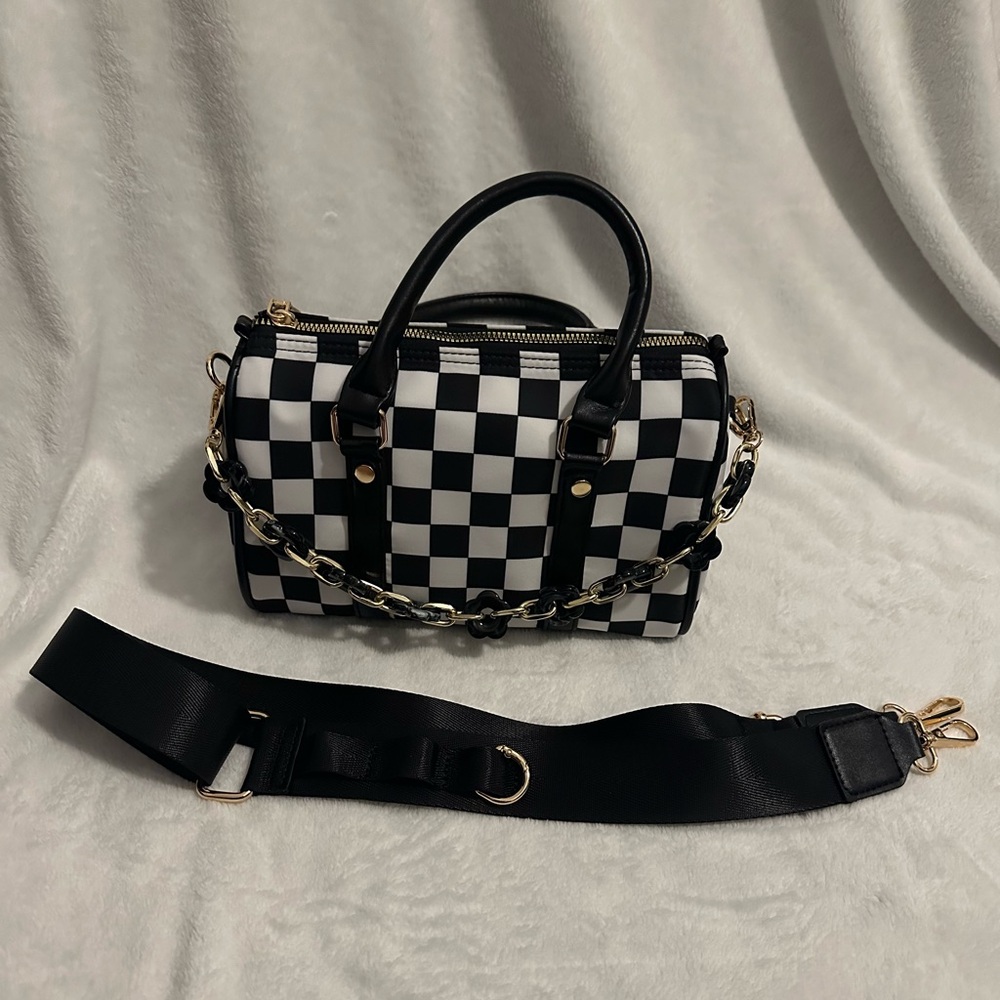 Checkered Black and White Handbag with chain